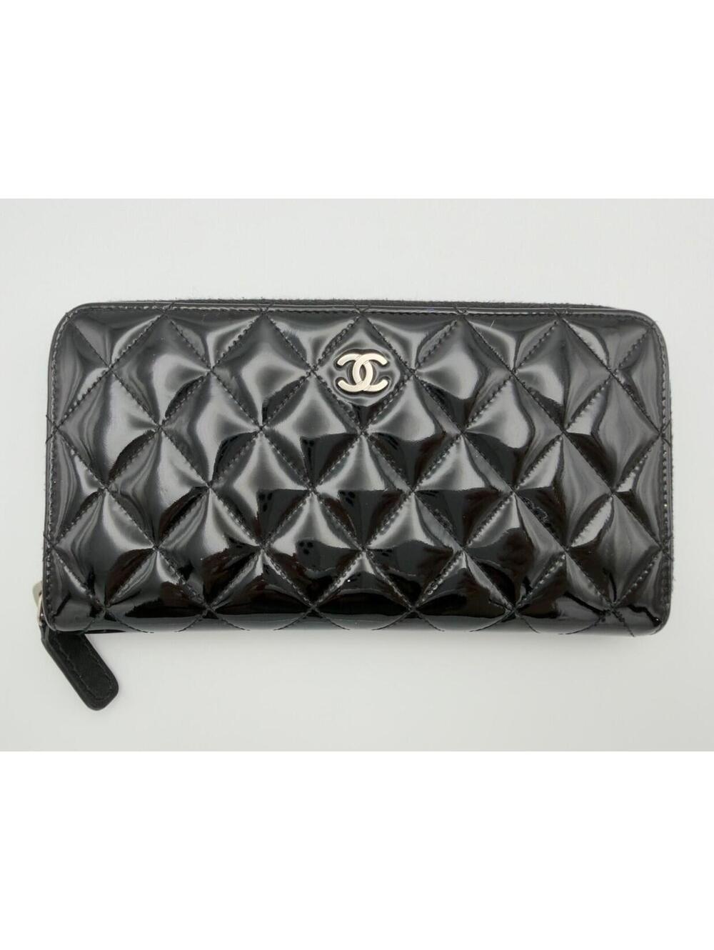 Authentic Chanel Black Patent Quilted Leather Long Wallet Zip Around Zippy COA